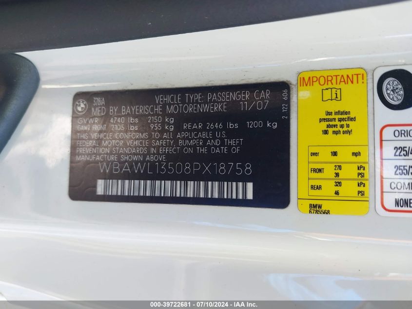 2008 BMW 328I VIN: WBAWL13508PX18758 Lot: 39722681