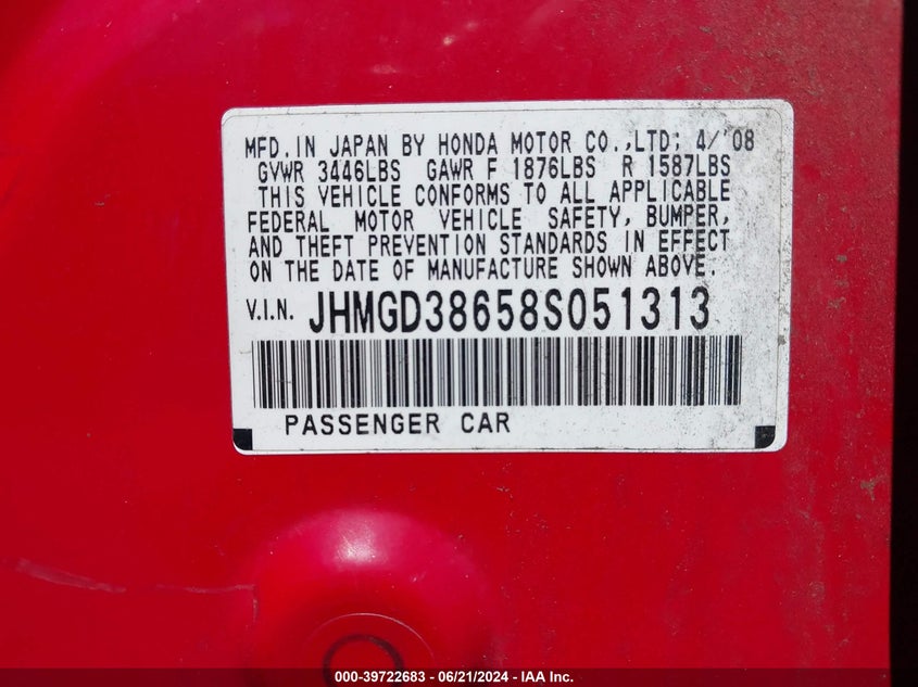 2008 Honda Fit Sport VIN: JHMGD38658S051313 Lot: 39722683