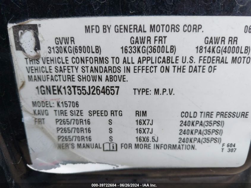 2005 Chevrolet Tahoe Ls VIN: 1GNEK13T55J264657 Lot: 39722684