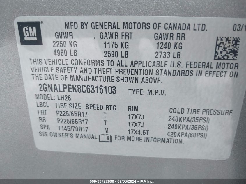 2012 Chevrolet Equinox Lt VIN: 2GNALPEK8C6316103 Lot: 39722690