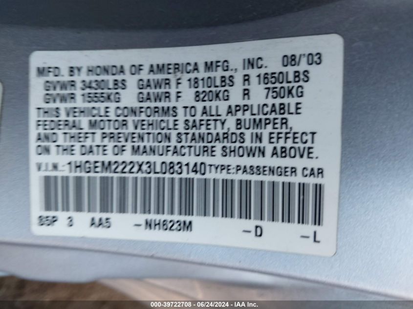 2003 Honda Civic Dx VIN: 1HGEM222X3L083140 Lot: 39722708