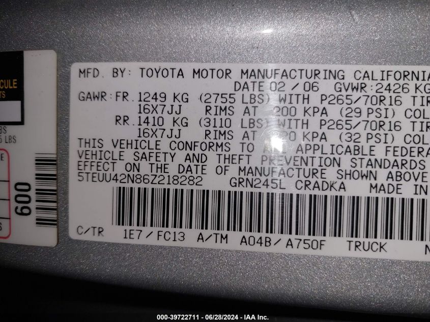 2006 Toyota Tacoma Base V6 VIN: 5TEUU42N86Z218282 Lot: 39722711