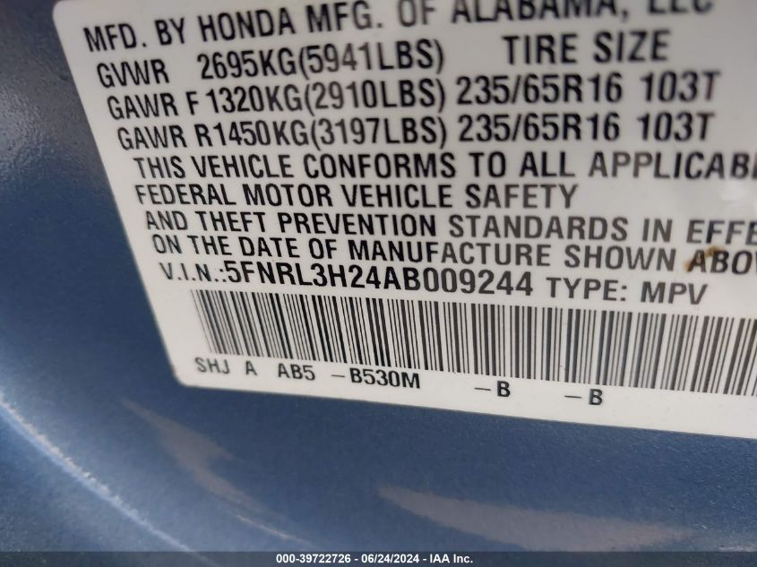 2010 Honda Odyssey Lx VIN: 5FNRL3H24AB009244 Lot: 39722726