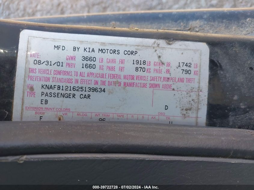2002 Kia Spectra Ls VIN: KNAFB121625139634 Lot: 39722728
