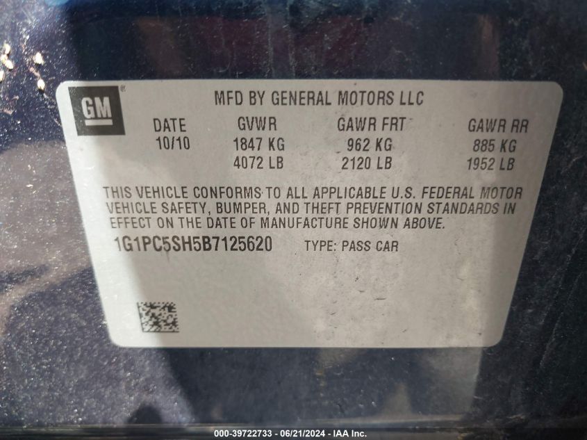 2011 Chevrolet Cruze Ls VIN: 1G1PC5SH5B7125620 Lot: 39722733