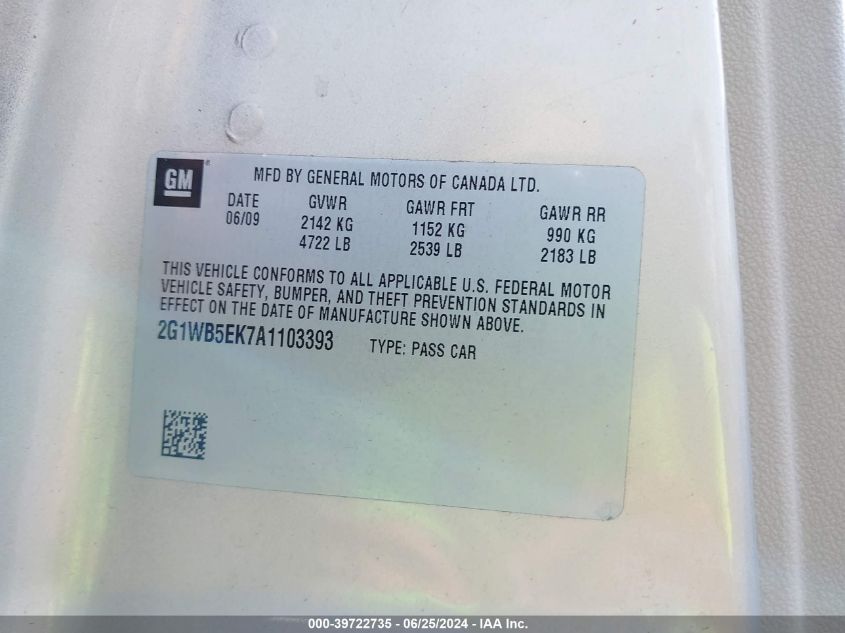 2010 Chevrolet Impala Lt VIN: 2G1WB5EK7A1103393 Lot: 39722735