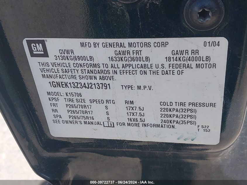 2004 Chevrolet Tahoe Lt VIN: 1GNEK13Z34J213791 Lot: 39722737