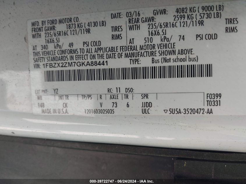 2016 Ford Transit-350 Xlt VIN: 1FBZX2ZM7GKA88441 Lot: 39722747