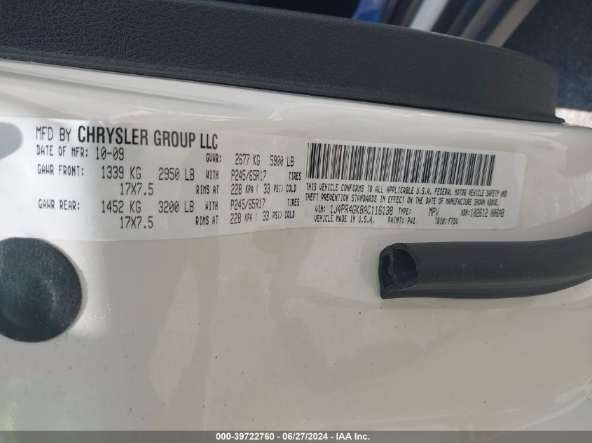 2010 Jeep Grand Cherokee Laredo VIN: 1J4PR4GK8AC116138 Lot: 39722760