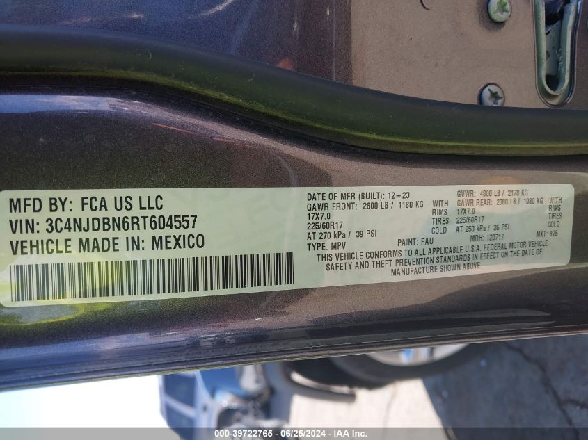 2024 Jeep Compass Latitude VIN: 3C4NJDBN6RT604557 Lot: 39722765