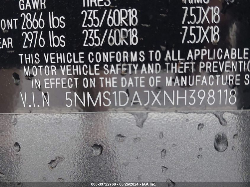 2022 Hyundai Santa Fe Se VIN: 5NMS1DAJXNH398118 Lot: 39722768