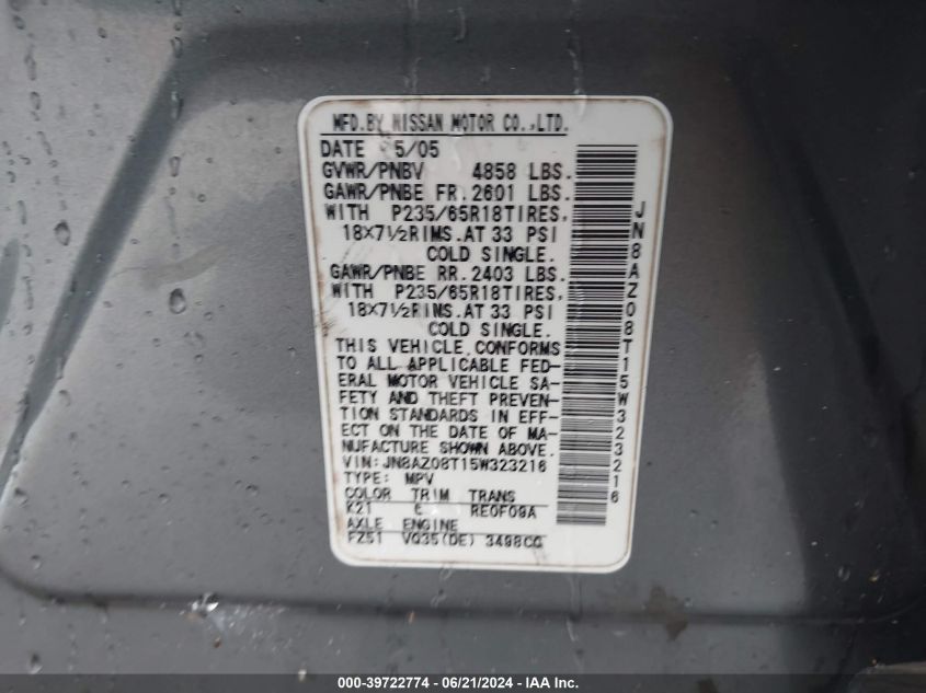 2005 Nissan Murano Sl VIN: JN8AZ08T15W323216 Lot: 39722774