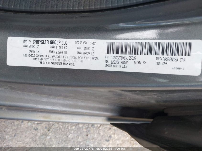 2012 Dodge Avenger Se VIN: 1C3CDZABXCN185532 Lot: 39722776