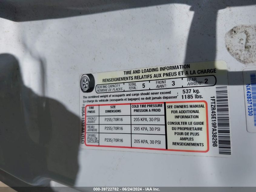 2009 Ford Ranger Sport VIN: 1FTZR45E19PA38298 Lot: 39722782