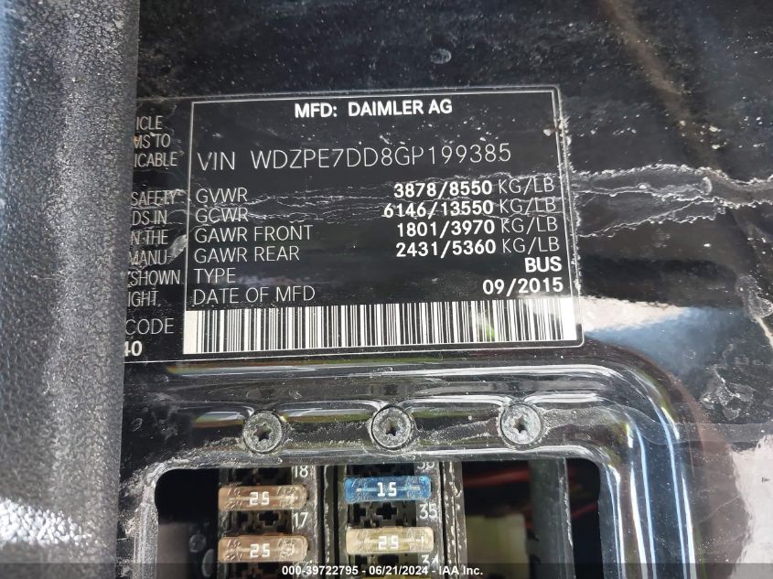 2016 Mercedes-Benz Sprinter 2500 Normal Roof VIN: WDZPE7DD8GP199385 Lot: 39722795