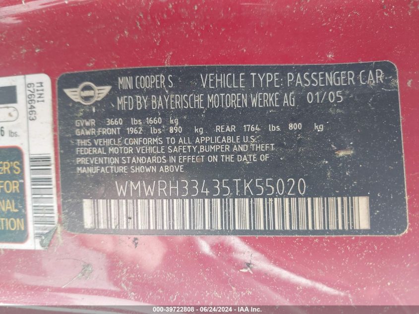 2005 Mini Cooper S VIN: WMWRH33435TK55020 Lot: 39722808