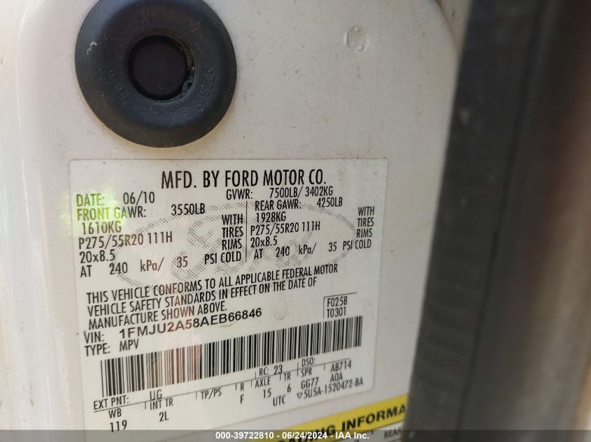 2010 Ford Expedition Limited VIN: 1FMJU2A58AEB66846 Lot: 39722810