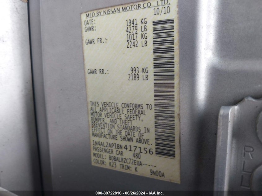 2011 Nissan Altima 2.5 VIN: 1N4AL2AP1BN417156 Lot: 39722816