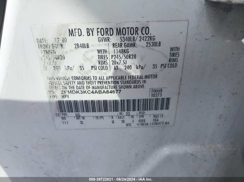 2010 Ford Edge Limited VIN: 2FMDK3KC4ABA84677 Lot: 39722821