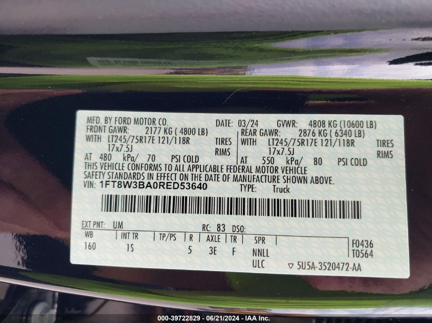 2024 Ford F-350 Xl VIN: 1FT8W3BA0RED53640 Lot: 39722829