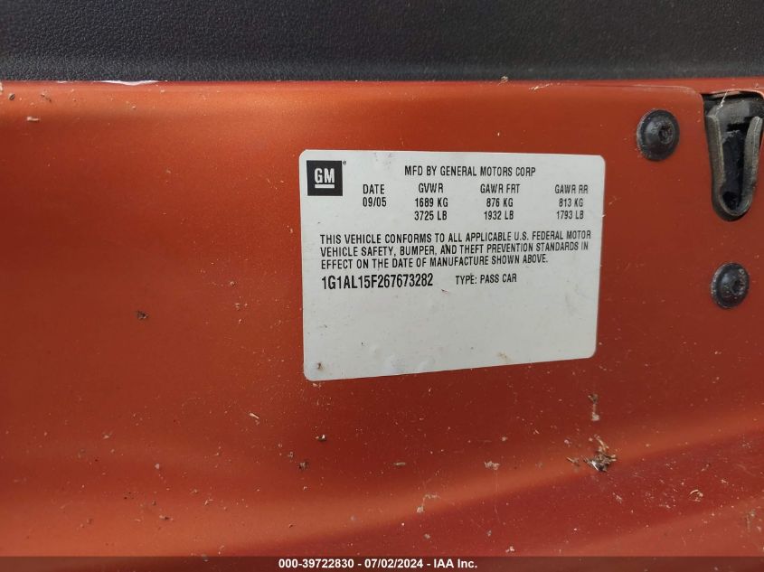 2006 Chevrolet Cobalt Lt VIN: 1G1AL15F267673282 Lot: 39722830