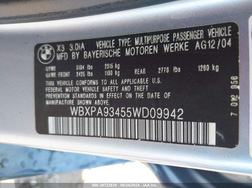 2005 BMW X3 3.0I VIN: WBXPA93455WD09942 Lot: 39722839