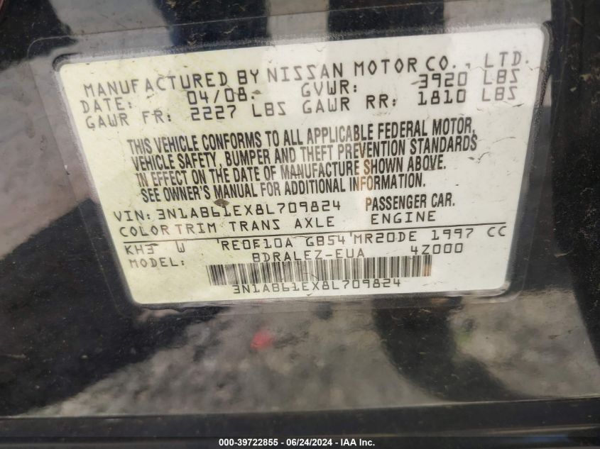 2008 Nissan Sentra 2.0S VIN: 3N1AB61EX8L709824 Lot: 39722855