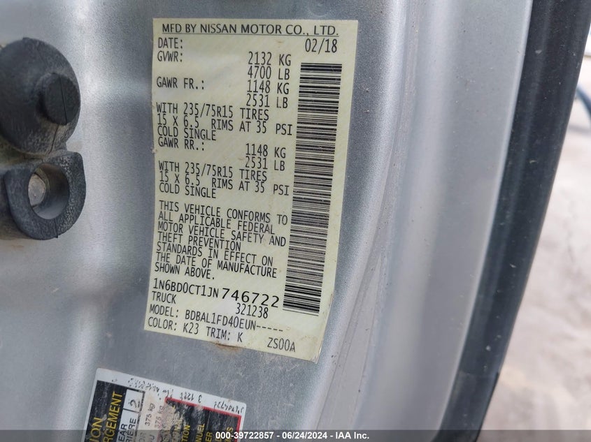 2018 NISSAN FRONTIER S - 1N6BD0CT1JN746722