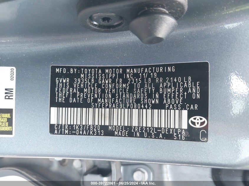 VIN 5YFEPRAE9LP080442 2020 TOYOTA COROLLA LE