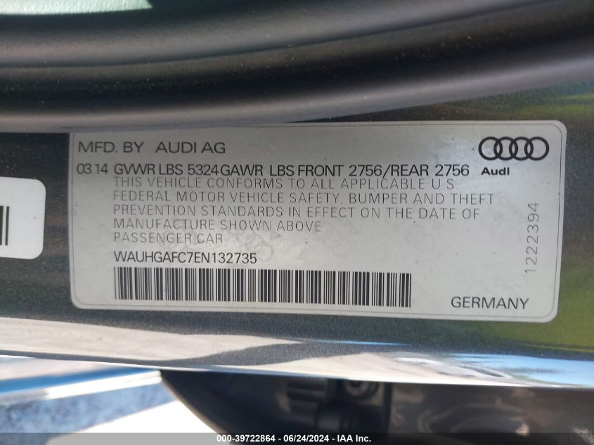 2014 Audi A6 3.0T Premium Plus VIN: WAUHGAFC7EN132735 Lot: 39722864