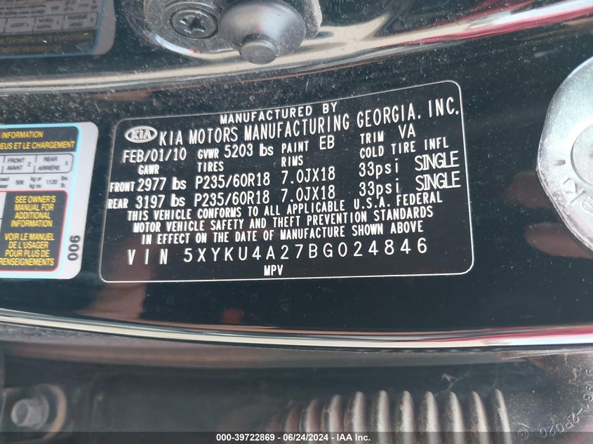 2011 Kia Sorento Ex V6 VIN: 5XYKU4A27BG024846 Lot: 39722869