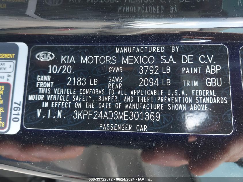 2021 Kia Forte Lxs VIN: 3KPF24AD3ME301369 Lot: 39722872