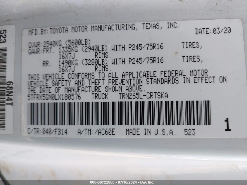 2020 Toyota Tacoma Sr VIN: 5TFRX5GN0LX180576 Lot: 39722880