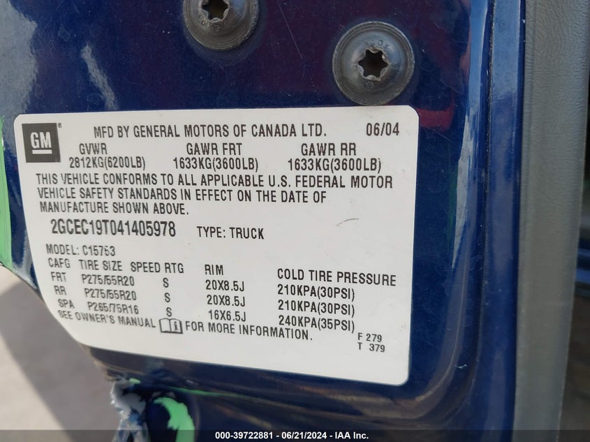 2004 Chevrolet Silverado 1500 Ls VIN: 2GCEC19T041405978 Lot: 39722881