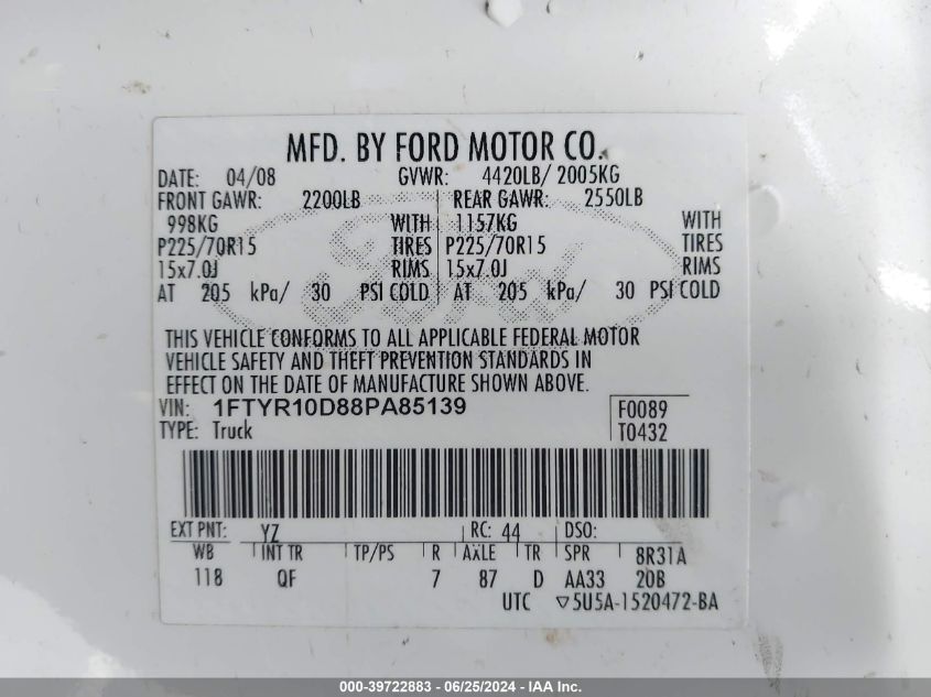 2008 Ford Ranger Xl/Xlt VIN: 1FTYR10D88PA85139 Lot: 39722883