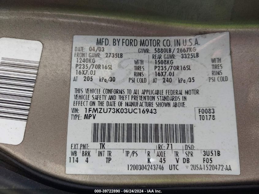 2003 Ford Explorer Nbx/Xlt VIN: 1FMZU73K03UC16943 Lot: 39722890