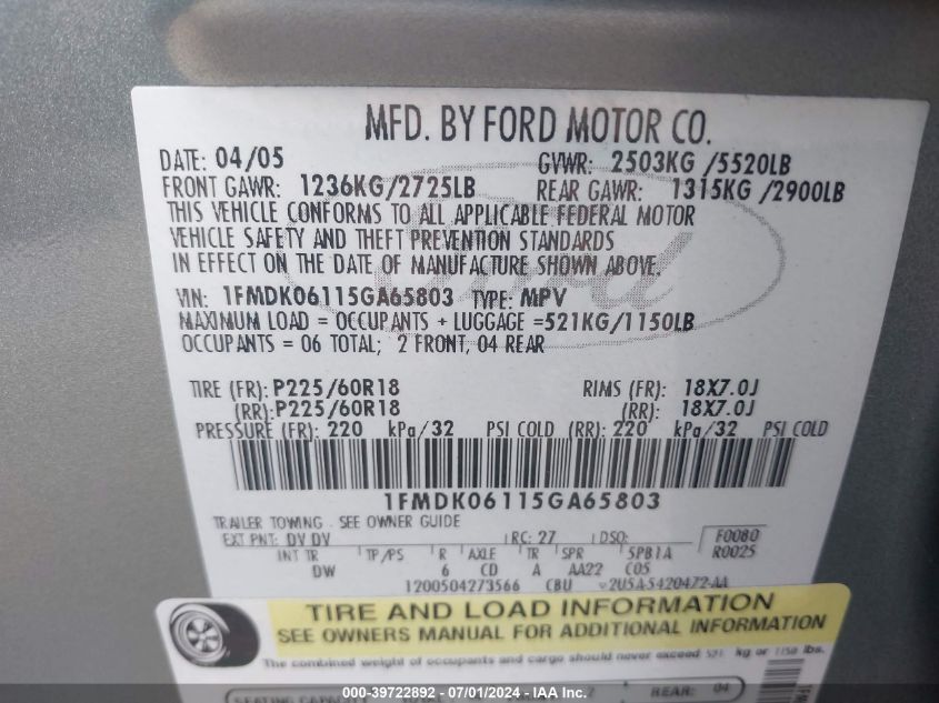 2005 Ford Freestyle Limited VIN: 1FMDK06115GA65803 Lot: 39722892