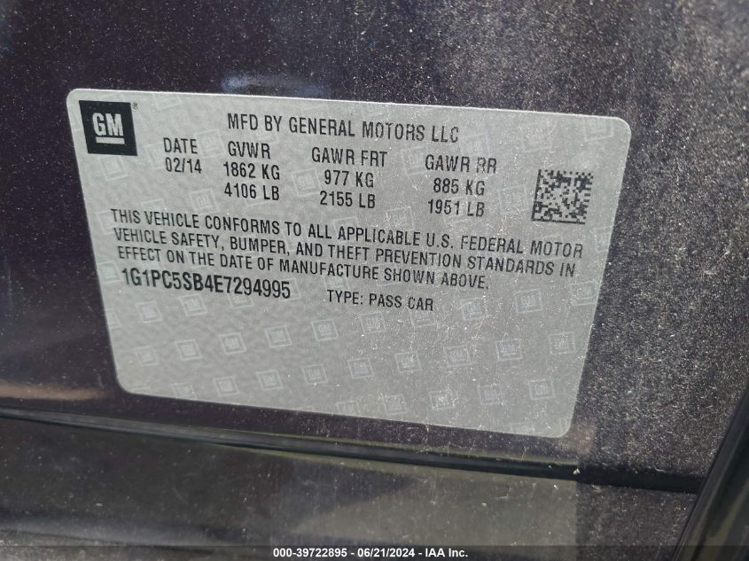 2014 Chevrolet Cruze 1Lt Auto VIN: 1G1PC5SB4E7294995 Lot: 39722895