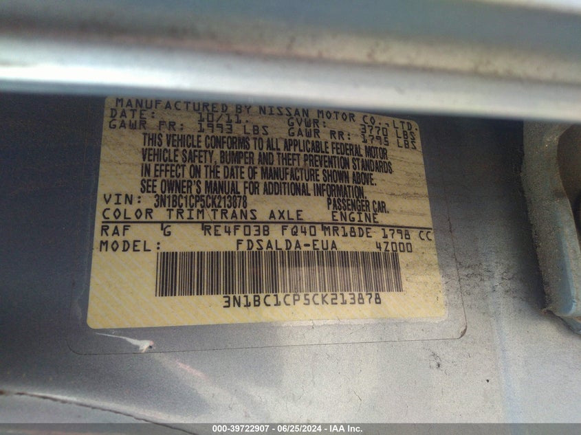 2012 Nissan Versa 1.8 S VIN: 3N1BC1CP5CK213878 Lot: 39722907