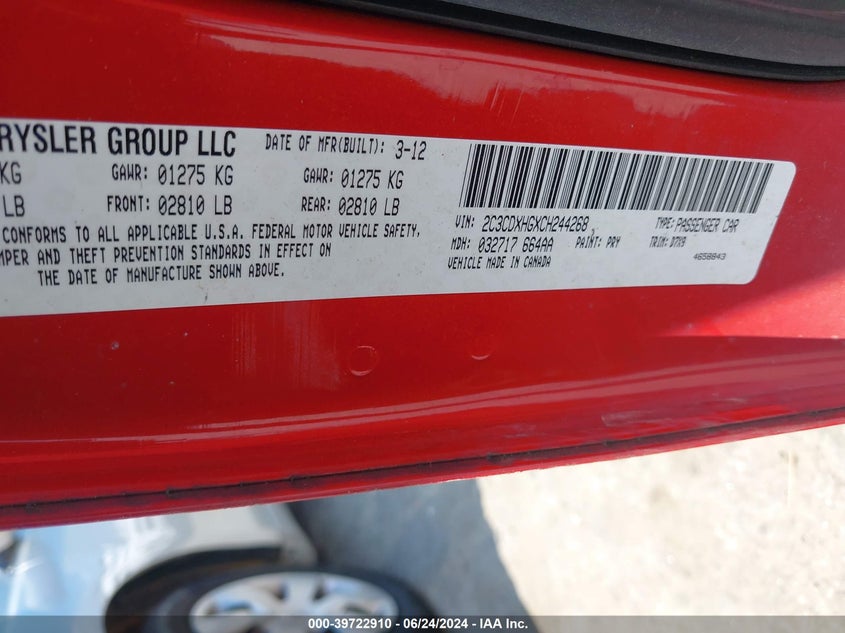 2012 Dodge Charger Sxt VIN: 2C3CDXHGXCH244268 Lot: 39722910