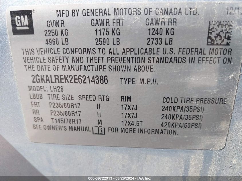 2014 GMC Terrain Sle-2 VIN: 2GKALREK2E6214386 Lot: 39722913