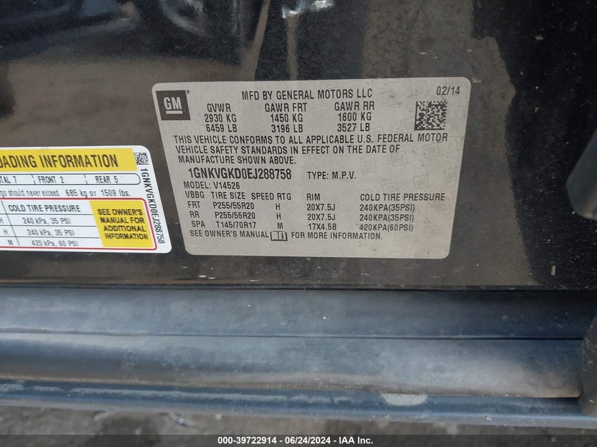 2014 Chevrolet Traverse 1Lt VIN: 1GNKVGKD0EJ288758 Lot: 39722914