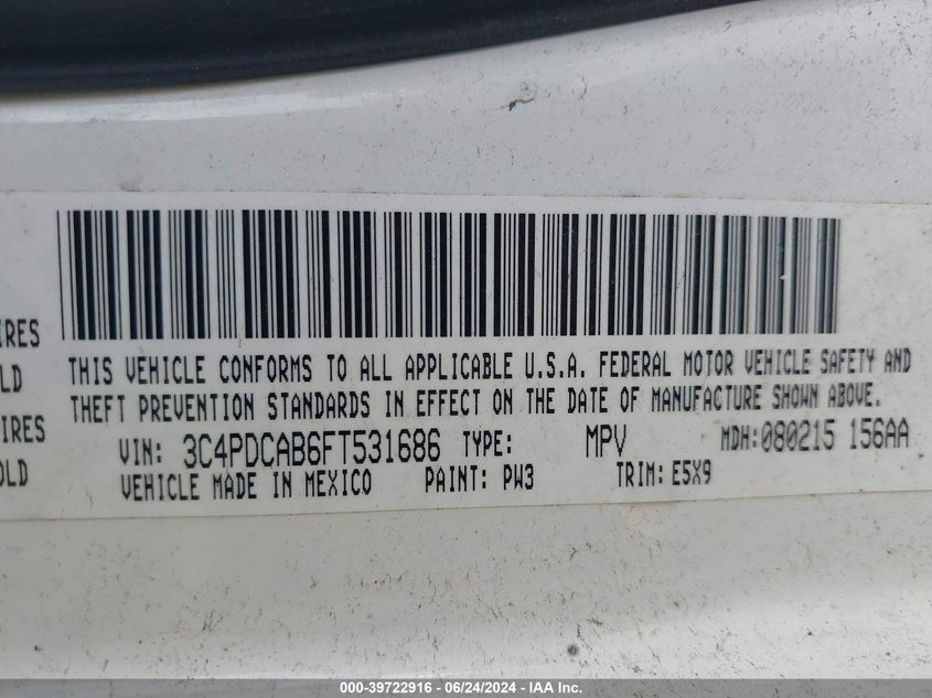 2015 Dodge Journey Se VIN: 3C4PDCAB6FT531686 Lot: 39722916