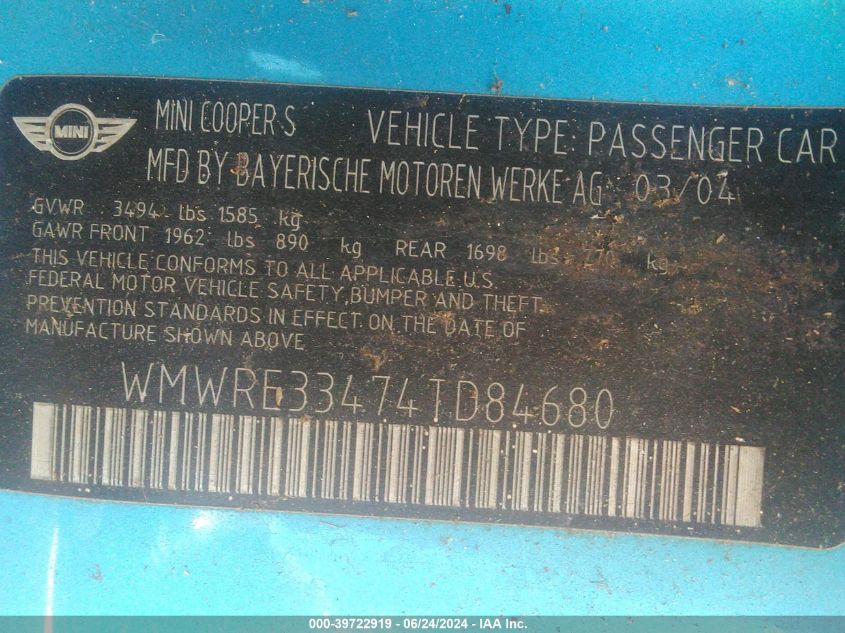 2004 Mini Cooper S VIN: WMWRE33474TD84680 Lot: 39722919