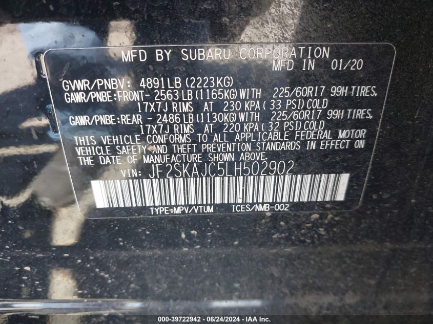 2020 Subaru Forester Premium VIN: JF2SKAJC5LH502902 Lot: 39722942