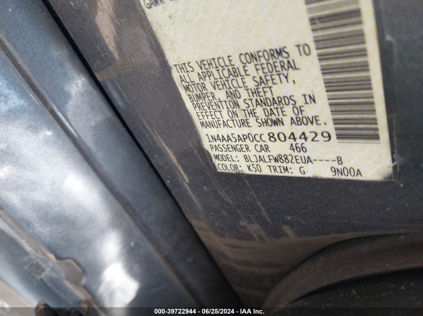 2012 Nissan Maxima 3.5 Sv VIN: 1N4AA5AP0CC804429 Lot: 39722944