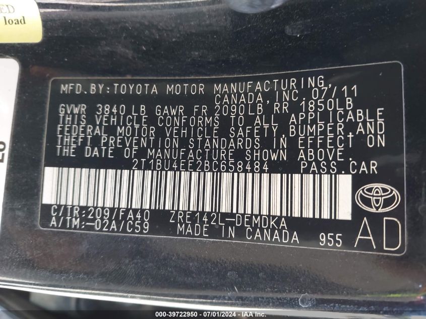 2011 Toyota Corolla VIN: 2T1BU4EE2BC658484 Lot: 39722950