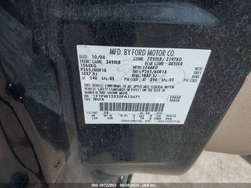 2005 Ford F-150 Lariat/Xlt VIN: 1FTPW12535FA13471 Lot: 39722952