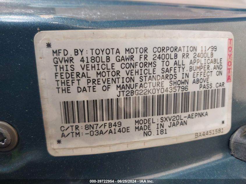2000 Toyota Camry Le VIN: JT2BG22K0Y0435796 Lot: 39722954