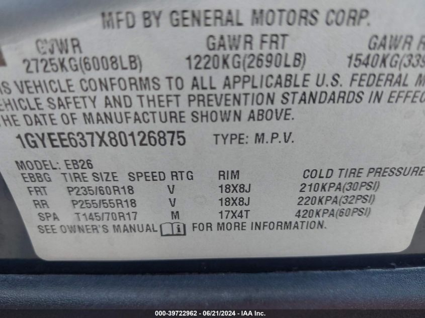 2008 Cadillac Srx V6 VIN: 1GYEE637X80126875 Lot: 39722962